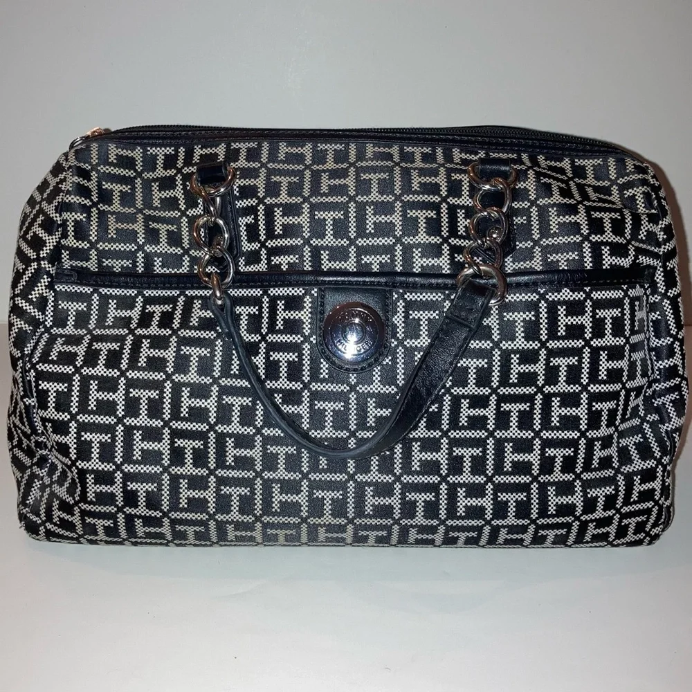 Tommy Hilfiger Black White Satchel Handbag Bowler TH Logo Monogram Fall Purse